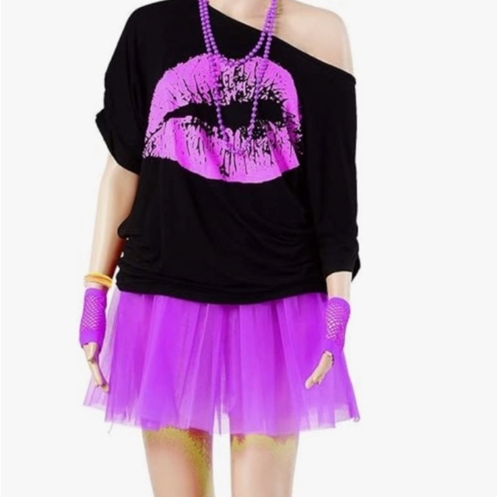 Black Purple Lips top and Purple Tulle Skirt women’s 2xl Halloween 80s costume